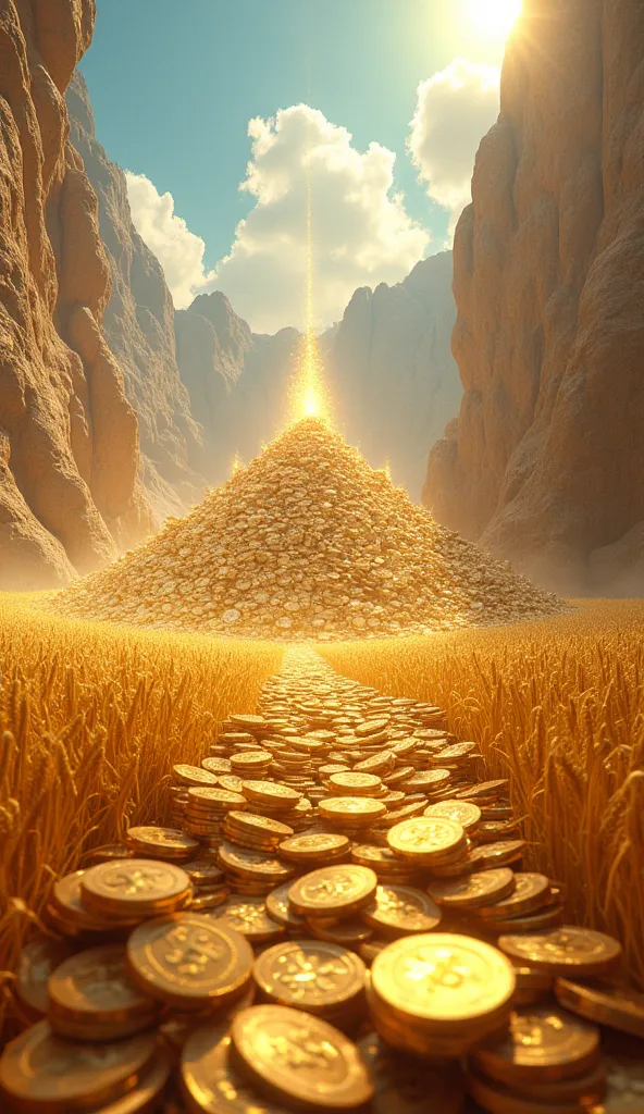 Huge piles of money at the bottom of a caveHuge piles of money in a golden wheat field, with clear blue sky in the background.The one illuminated by crystals.