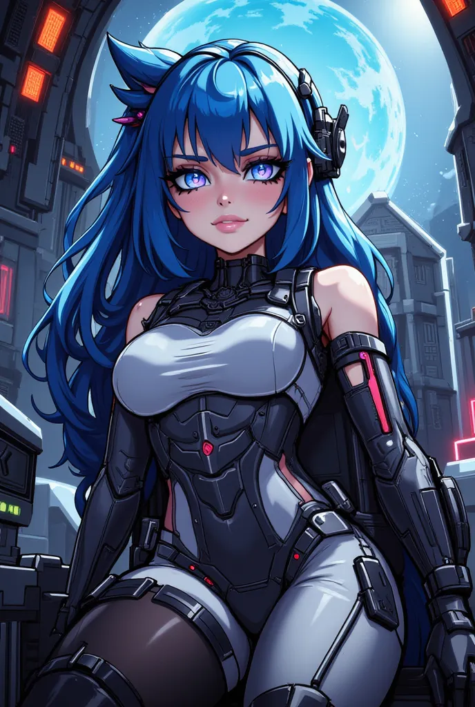   A sci-fi character (full body!) A sci-fi character (full body!) depicting a flawless female pilot mechanic, with such intricate details, sitting in a reclined pilot's seat (full body!), a highly detailed and perfect face, long blue hair and a perfect bod...