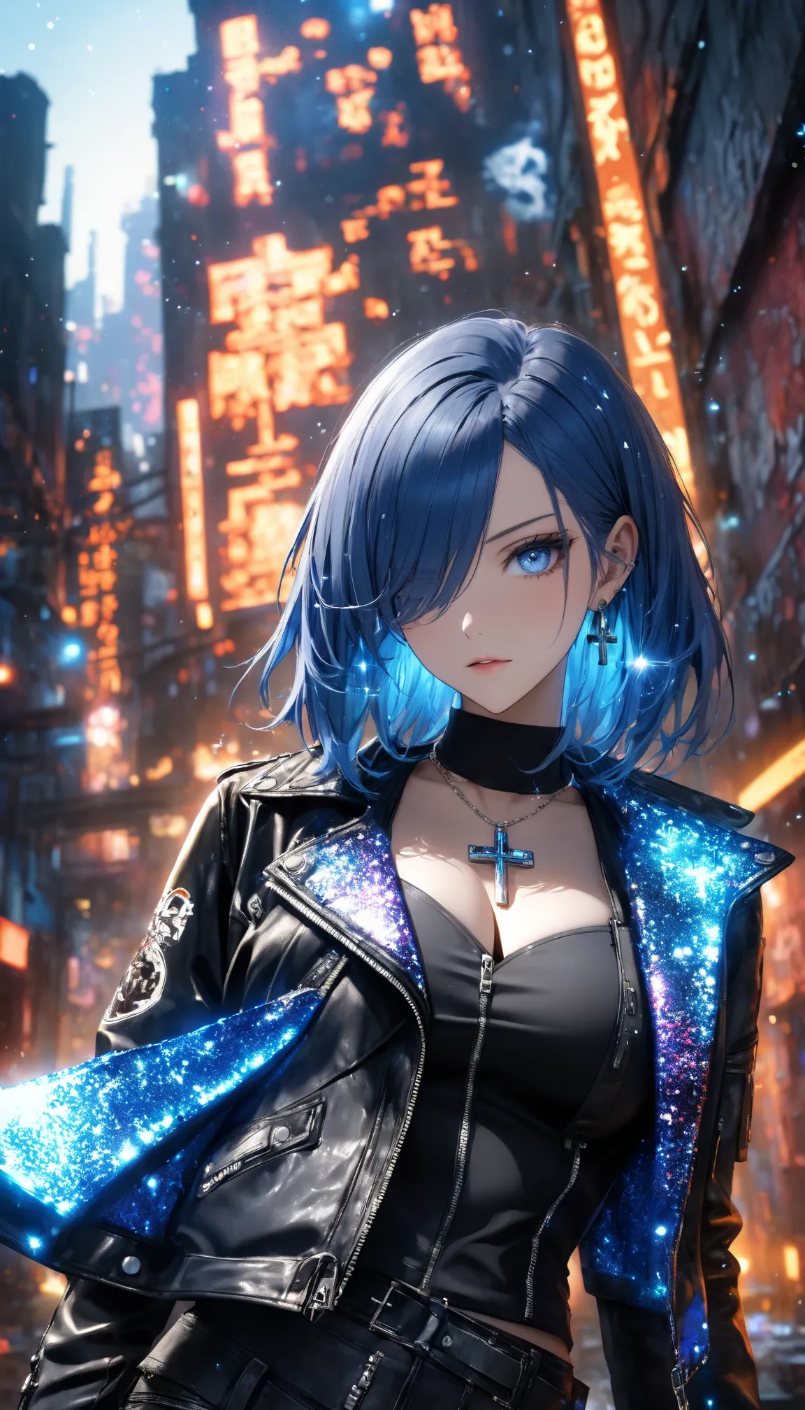 super realism、hyper realstic 1girl.cyberpunk
(BLUE hair.blue eyes.)cross necklace. hair to hide one eye, 
(Wear a leather jacket with a jacket )(Wear a ROCK fashion outfit underneath)portrait angle、cleavage
epic , sparkle, particles , glowing,ember、glitter...