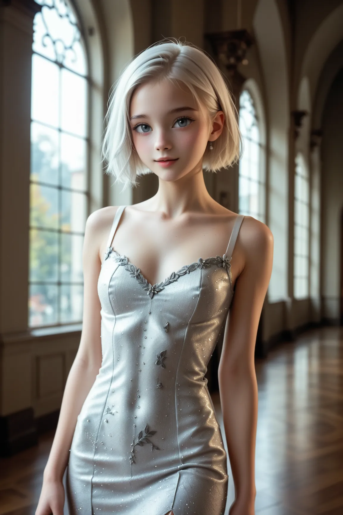 very realistic, ((Naive and tender girl, White hair, gray eyes with short satin queen outfit)). Photorealistic, The girl looks exquisite and voluptuous with a very attractive body for her young age.
