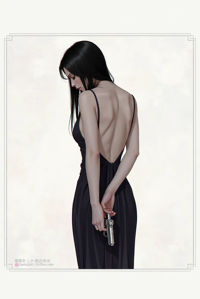 A realistic digital illustration, illustrated version,  a woman with her back with very long straight black hair on one side of her shoulder, wearing a long dress that leaves her back free, with a very beautiful back, good posture, holding a gun from behin...