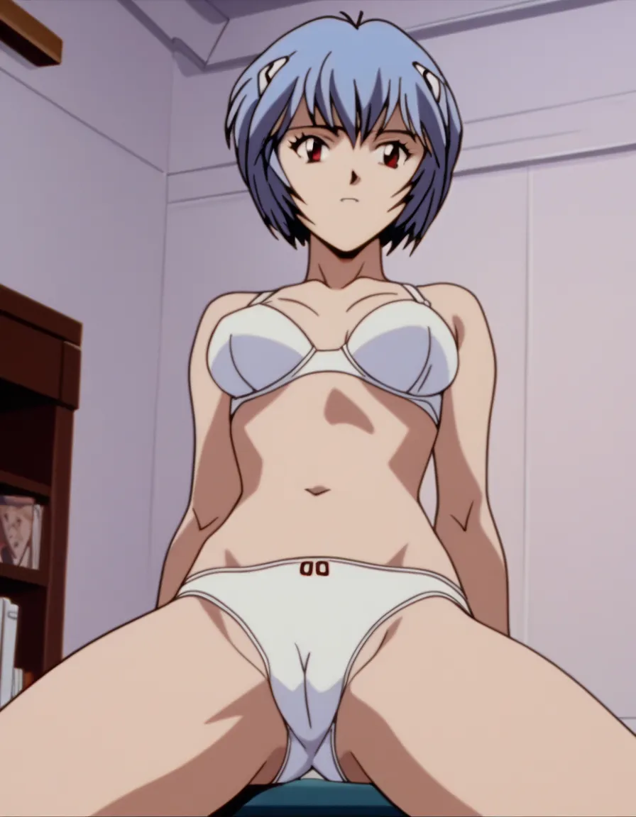 Rei Ayanami, Rei Ayanami,  short hair, red eyes, blue hair, retro art style, 
Alone, anime screencap, nude, white bra, white panties, cameltoe,