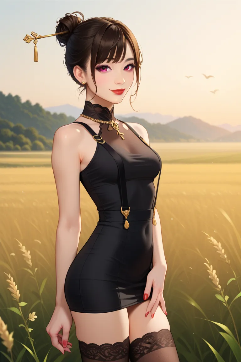 sexy asian woman, (asian face),(small eyelids), asian eyes, smile, red eye shadow, single hair bun, pale skin, hair sticks, skinny, middle body shot, small breasts, slim body, red lips, dark brown hair, bangs on the face, big purple eyes,(black fabric dres...