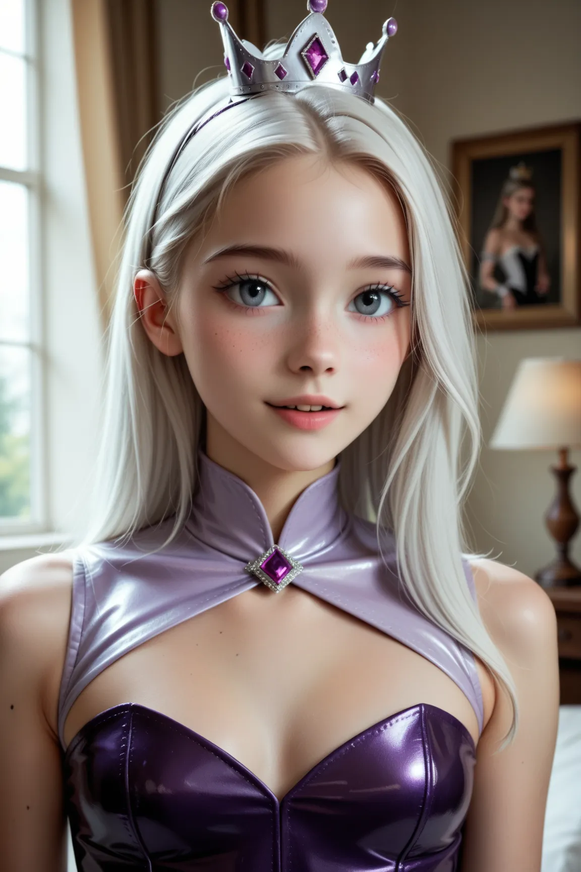 very realistic, ((Naive and tender girl, White hair, gray eyes with short purple satin queen outfit)). Photorealistic, The girl looks exquisite and voluptuous with a very attractive body for her young age.
