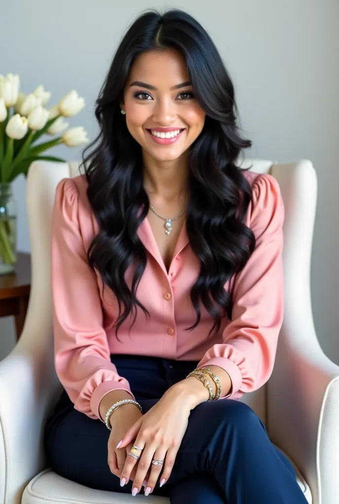  a young woman with long hair, black and wavy at the ends  ,   black eyes and fair skin,  posing for a professional photo . She wears an elegant blouse in the color pink, with dark blue tailoring pants aligned with your Brazilian body. accessories, How do ...