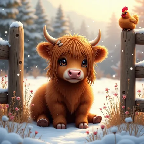 Dynamic Composition of a cute chubby baby highland cow calf with long shaggy auburn fur hanging over her eyes with a bow on her head. See through a wooden fence. Wild flowers grow throughout the field. The name "Aradaeee" elegantly stenciled on the fence. ...