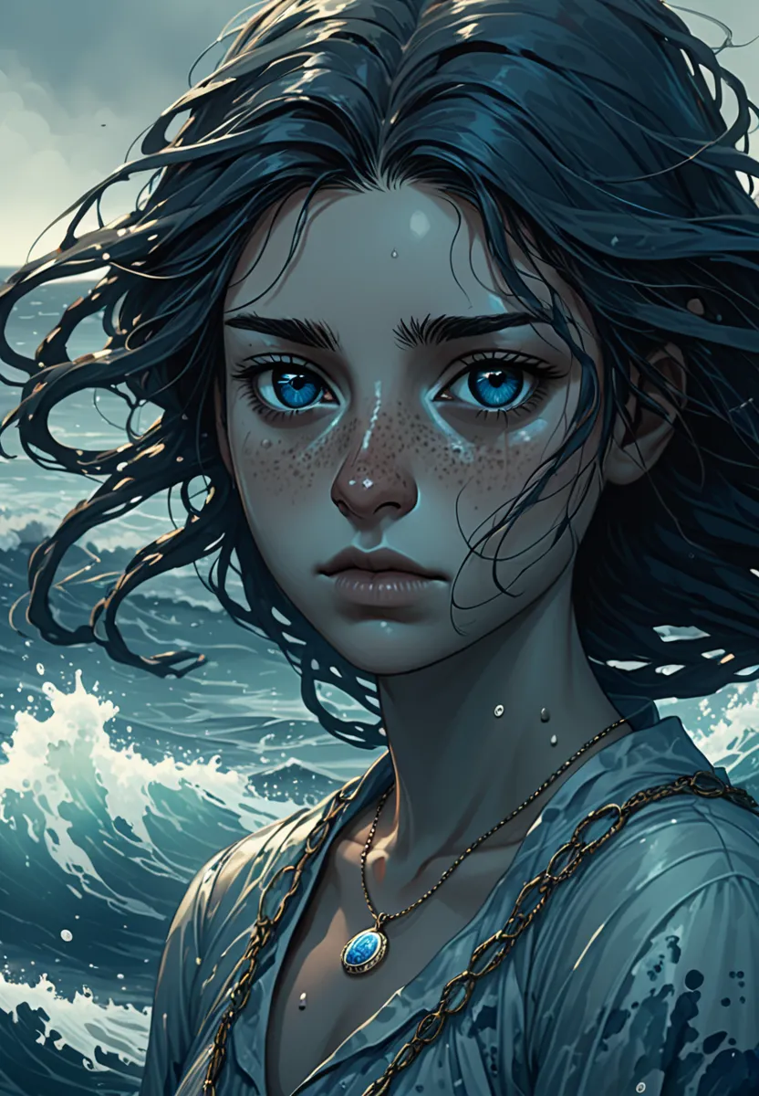 

**Physical Appearance:**
Lira has long, wavy dark hair that often appears tousled, as if perpetually windblown. Her eyes are a deep blue, reminiscent of the ocean, but they carry a weight of sadness. She has a slender build, often dressed in flowing, sea...