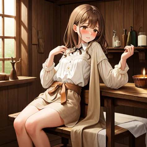 Mirien, a young woman with delicate features, sitting on the edge of a simple wooden chair in a room of a medieval wooden housea.

She has beautiful brown eyes and medium-length, straight brown hair with slanted bangs framing her round, delicately sculpted...