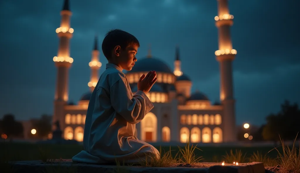 "A young orphan boy, dressed in traditional Islamic attire, kneeling beside a grave with tears streaming down his face, raising both hands in supplication. A beautiful mosque with glowing lights stands in the background under a dark sky."