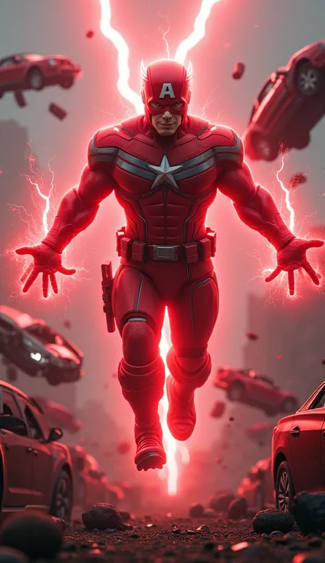  magneto merged with captain america, floating mid air, red suit, in a scrapyard, bent cars floating around, red lightenings, strong magnetic field.