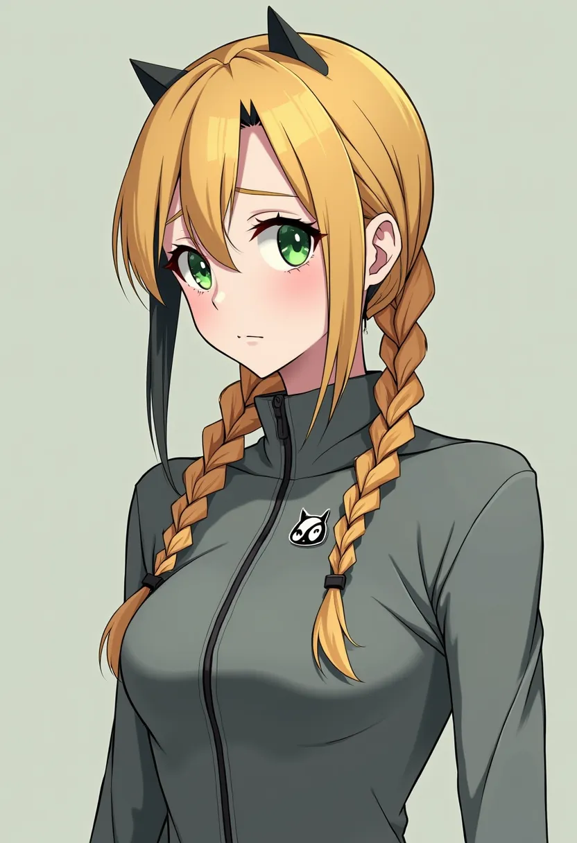 Skinny blonde girl with dark hair roots, two Korean long braids, deep-set green eyes, tight gray zippered jacket with a small cat eye (,it's like a,)(Anime style)company logo with not very big breasts (because she's skinny)