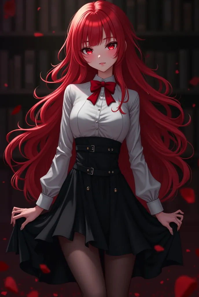 vampire beautiful girl long wavy scarlet red hair with red eyes wearing white shirt with black skirt  red bow tie black stockings and shoes ,dark academia aesthetic 