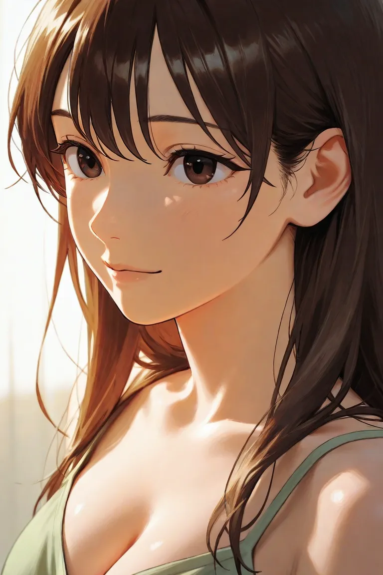 Pastel green camisole, gentle smile with cleavage visible, Japanese, dark brown hair, dark brown eyes