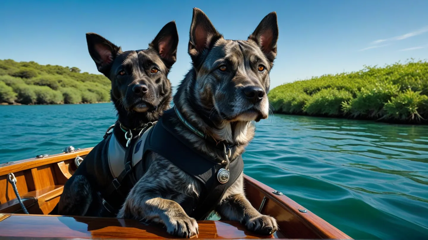 A gray brindle dog in a black uniform, well-armed, is steering a boat, firmly holding the helm and navigating with confidence.

