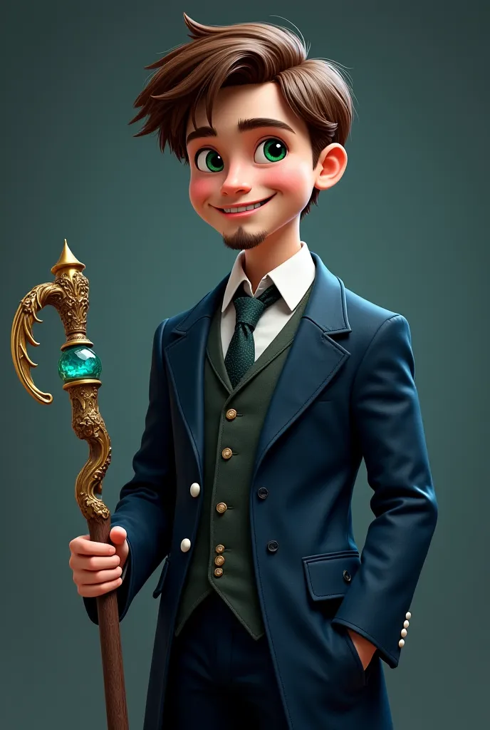 Create a young wizard from 1,70 with straight brown and short hair and a goatee, green eyes and a charismatic smile with separated teeth and he wears a dark blue suit with a staff that has a blue emerald on top and he carries with him a magic bag 