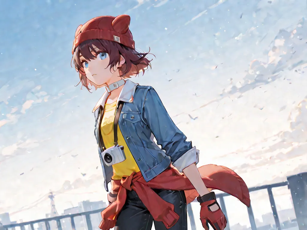 score_9, score_8_up, score_7_up, score_6_up, score_5_up, score_4_up,  4k, 8k,  1girl, solo,  pistol, sky aug,  blue denim jacket (white collar), rolled-up sleeves,  brown short hair, blue eyes, tight yellow sweatshirt,  black slim jeans,  dark red animal k...