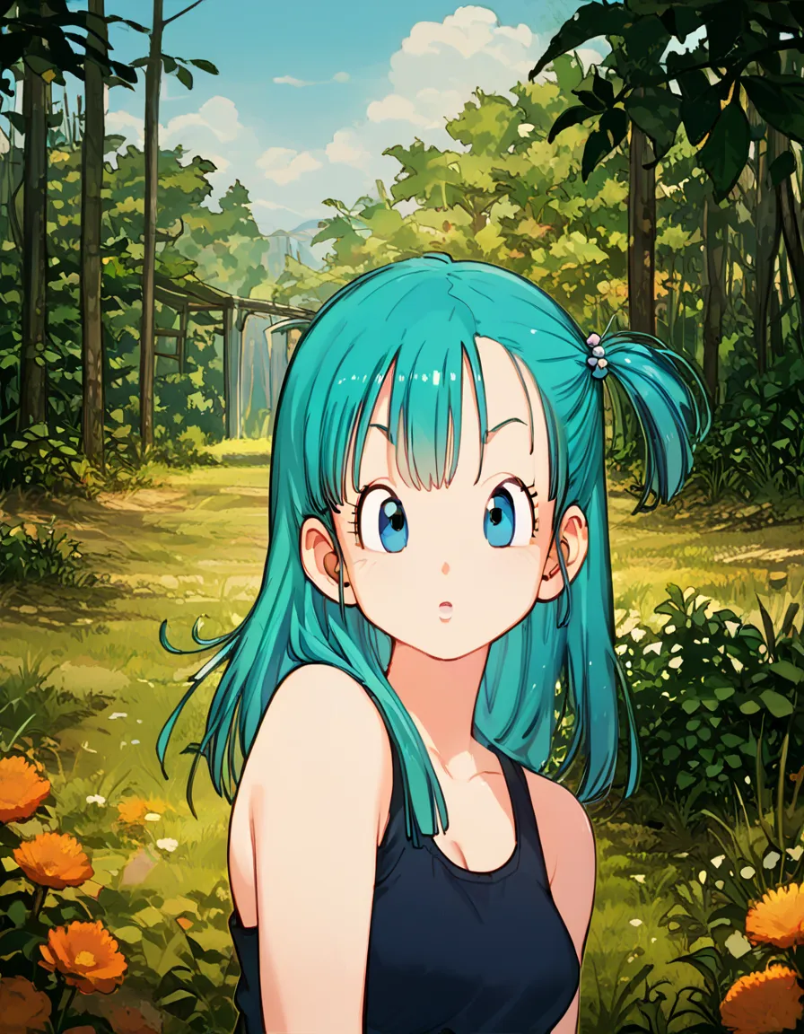 Bulma character, sexy, tank top, side boobs, forest scene