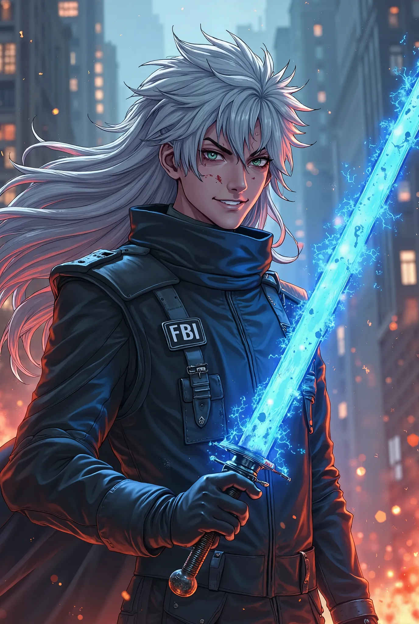 A man of about 18 years old, long gray and white hair, wearing a special unit suit, holding a blue flame sword, a blue aura, a bloody face, a bloody madman smile in the midst of a burning city and turning on colored lights, full of Aniem Beserk 4k lines, b...