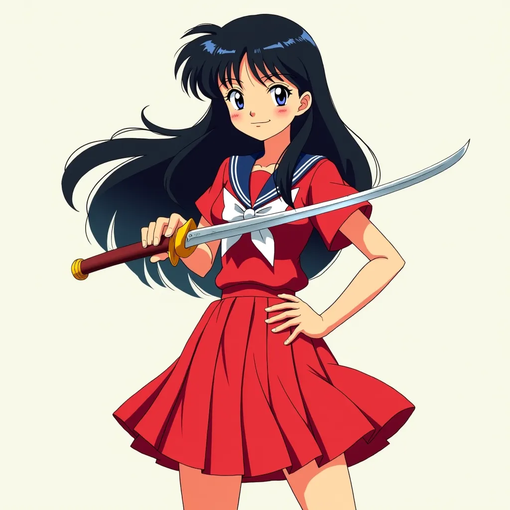 Kagome from inyuasha school uniform well curve out body  with a  sword 