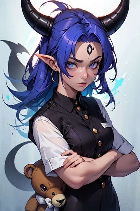 Samantha Clove é uma tiefling de pele azul-clara, with small curved horns that emerge from her forehead, and a thin and agile tail that rocks according to her mood. Her eyes are an intense violet, almost hypnotic, and her hair is long and black, with blue ...