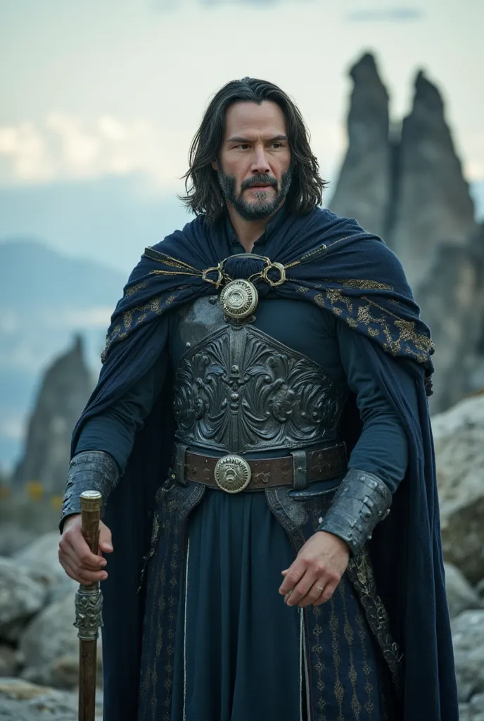 Create a cinematic, full body, high-fantasy portrait of a tall, dark-haired man with a well-groomed beard. He wears a regal, dark-blue or black tunic beneath a long, ornate cloak adorned with gold trim and subtle embroidery. A prominent medallion or crest ...