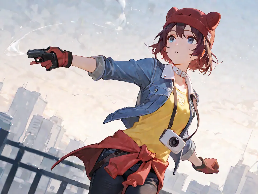 score_9, score_8_up, score_7_up, score_6_up, score_5_up, score_4_up,  4k, 8k,  1girl, solo,  pistol, sky aug,  blue denim jacket (white collar), rolled-up sleeves,  brown short hair, blue eyes, tight yellow sweatshirt,  black slim jeans,  dark red animal k...