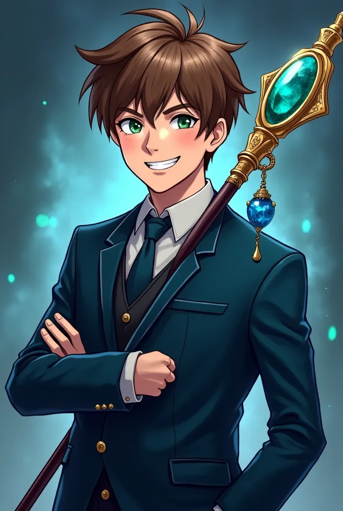 Create a young wizard from 1,70 with straight brown and short hair and a goatee, green eyes and a charismatic smile with separated teeth and he wears a dark blue suit with a staff that has a blue emerald on top and he carries with him a magic bag. Make it ...