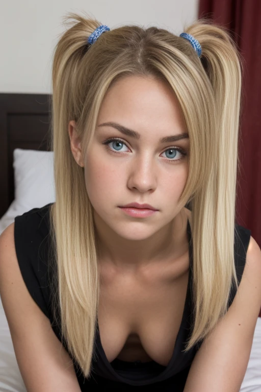 beautiful blonde 18 years old with ponytails woman, (girl:2). Decollete. frown. Long hair.  Lean forwards. close up shot. shot from below. look down on the viewer