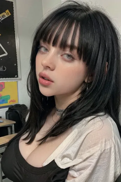 (color puro: 0.9), (color: 1.1), ( masterpiece: 1,2),  top quality,  masterpiece,  High resolution, original,  , pale skin, Highly detailed face,  Open mouth, black t shirt, Rebellious hairstyle, fringe,  Offset , drugs,  big breasts, emty classroom