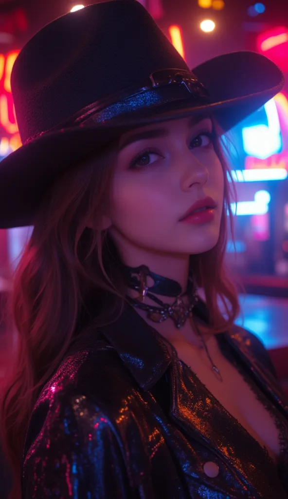 A futuristic cowgirl in an eye-catching pose, Wearing black and denim, surrounded by neon cities.
A modern interpretation of western chic, close-up of a confident woman wearing a cowboy hat, set in a neon bar.retro movie， Rich and Deep Colors ，32k Quality ...