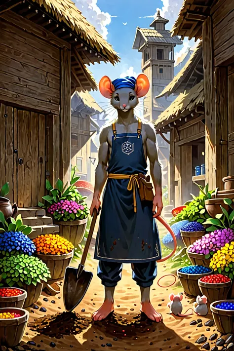 ((masterpiece, best quality, ultra detailed)), ((furry, anthro)), ((male mouse)), ((light fantasy)). anthropomorphic gray mouse, early 20s in human age, turban to protect from dust, work clothes, apron, pouch with various tools at waist, holding special sh...