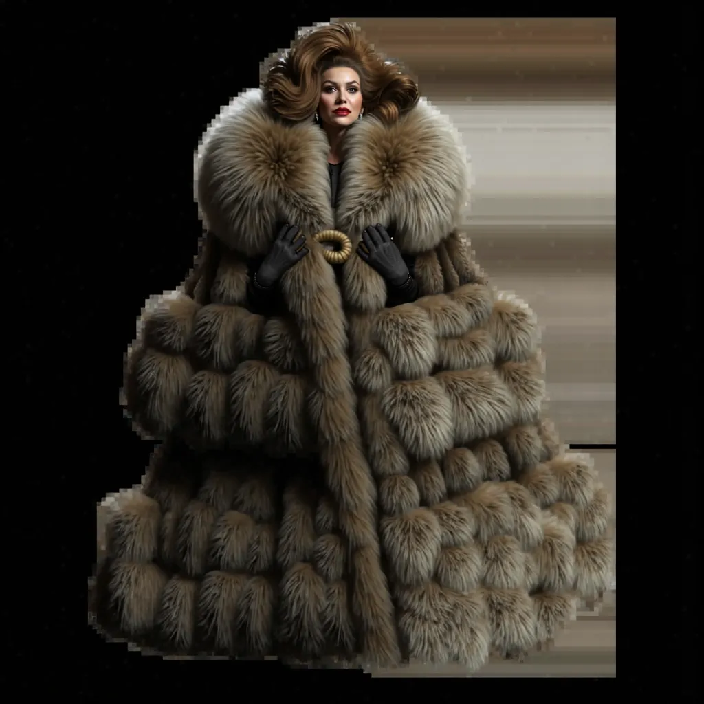  eldery wealthy womanis dressed in an opulent voluminous fur- capeand has red lipstick. 