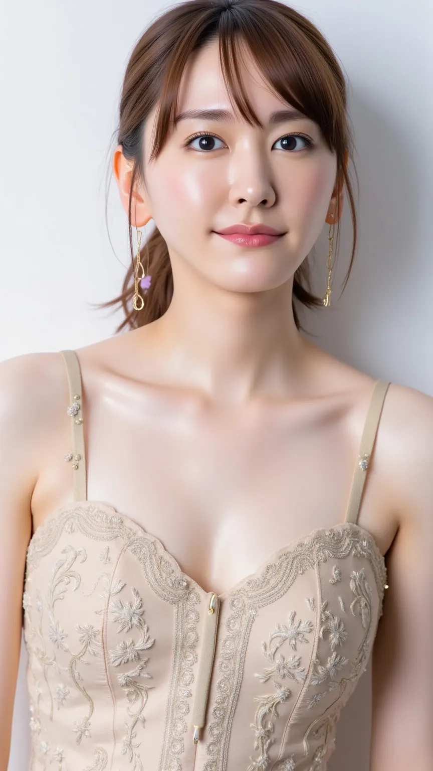  32k or 128k A 、Photo of a beautiful young woman with big breasts,  earrings blue eyes , Blonde hair in twin tails、 Ainu costumes with slender bodies and gothic Lolita fashion。.  she says 、She is wearing a shiny, floor-length ball gown with intricate embro...