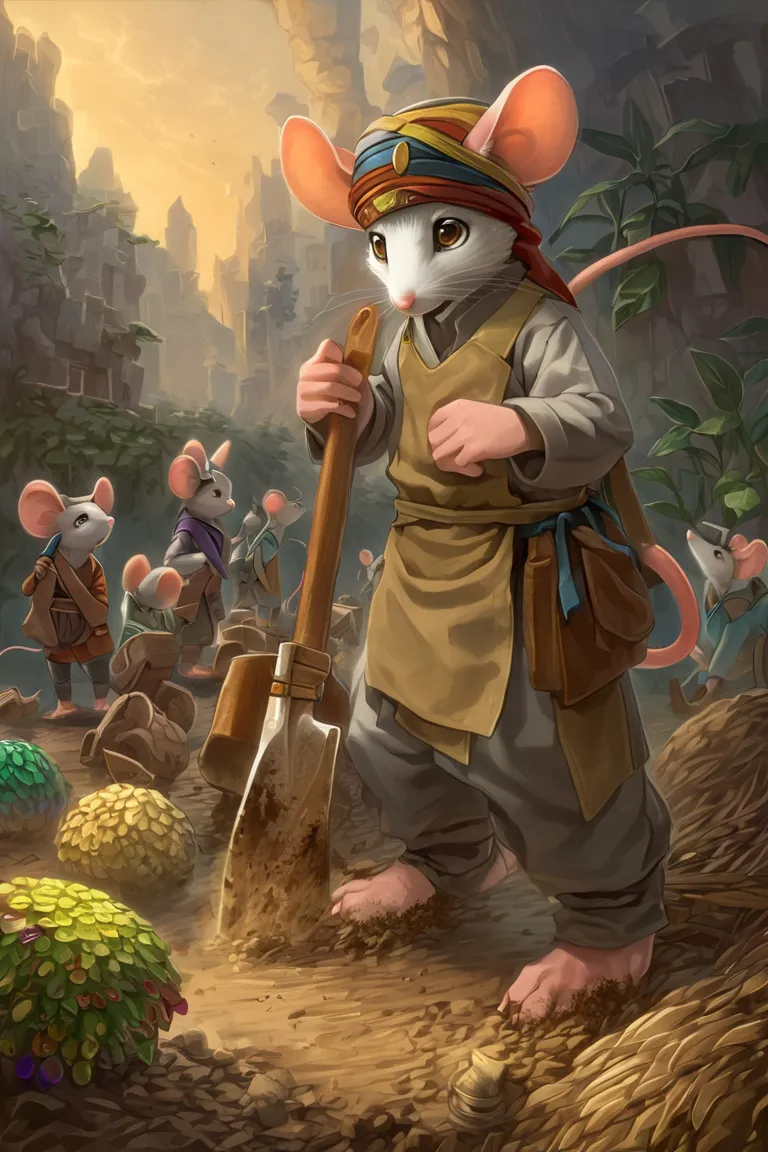 ((masterpiece, best quality, ultra detailed)), ((furry, anthro)), ((male mouse)), ((light fantasy)). anthropomorphic gray mouse, early 20s in human age, turban to protect from dust, work clothes, apron, pouch with various tools at waist, holding special sh...