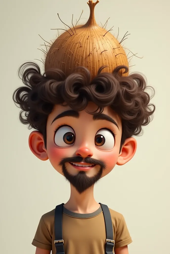 A brunette boy with short curly curly hair, That has a coconut head and is making funny expressions and also that has a separate mustache and beard like a goatee but separate.