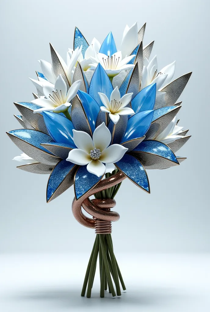 Please generate a bouquet with a combination of metal and white and blue stones