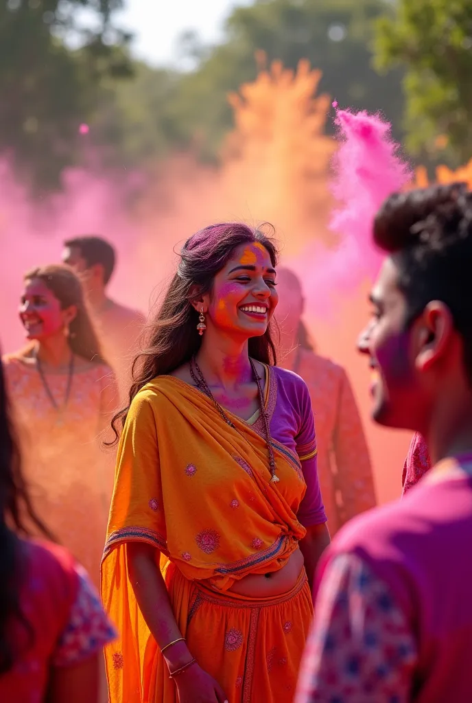 people celebrating holi in india, vibrant colors, colorful powder, traditional indian clothing, joyful expressions, smiling faces, throwing colorful powder, dancing, group of people, outdoor scene, sunlight, natural lighting, lush greenery, detailed facial...