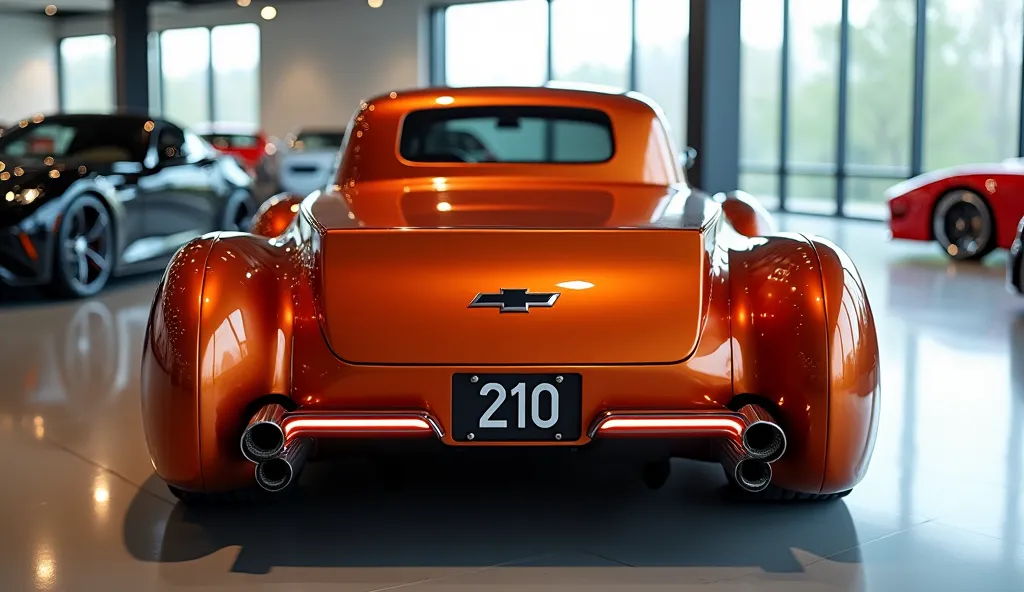 "A realistic, high-quality image of a modern sports car seen from the back angle, resembling a 1953 Chevrolet 210 vintage pickup . The car is wine  Omaha Orange with glossy paint and a sleek, aerodynamic design. It has four large, round exhaust pipes and a...