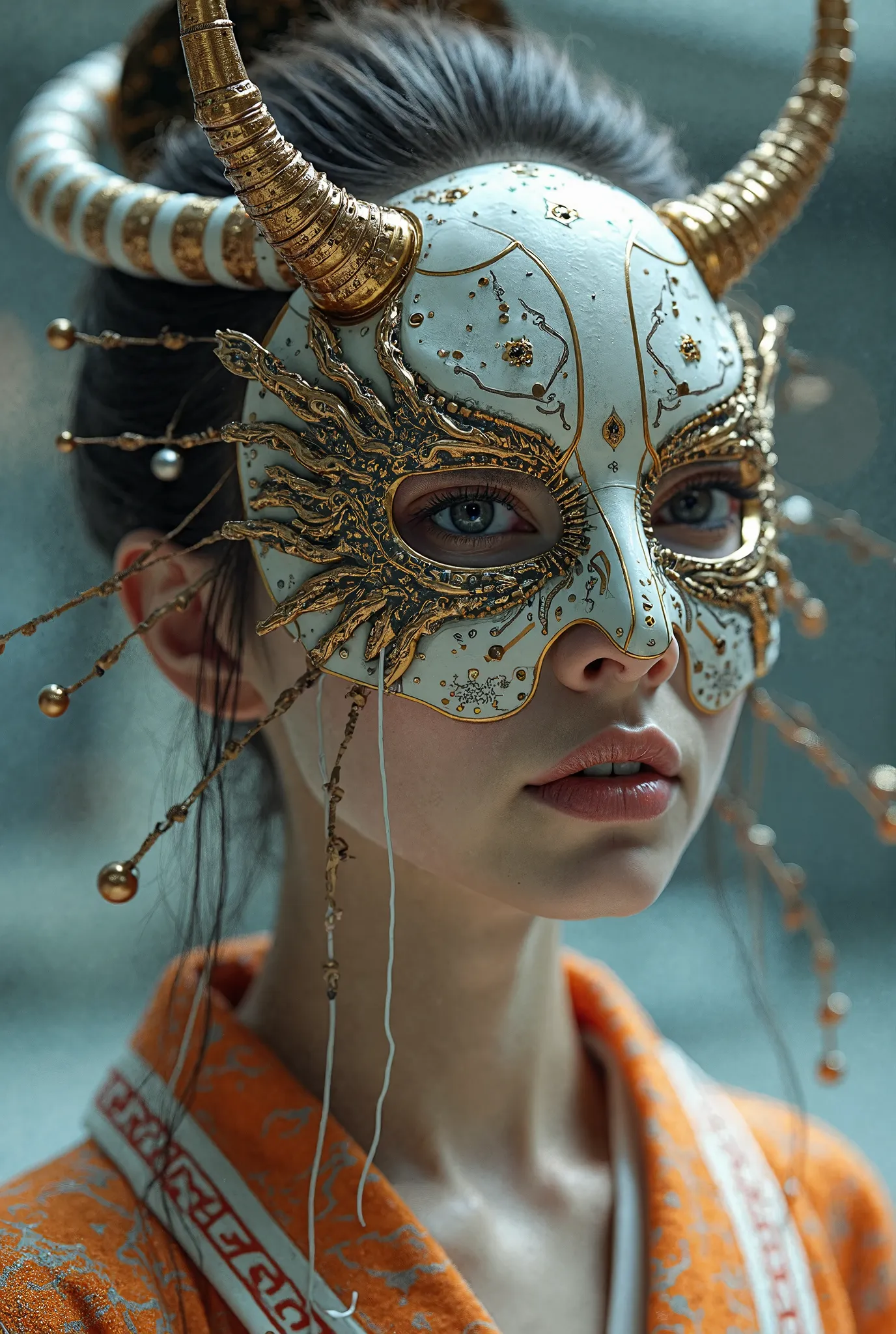 A Japanese Kabuki mask features components simulating electronic applications，circuitry, gold and silvering wiring, fibre optic extensions. A woman dressed in a kimono is holding the mask to her face