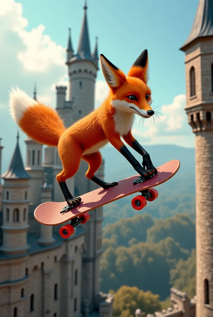 A fox riding a skateboard on the roof of a castle