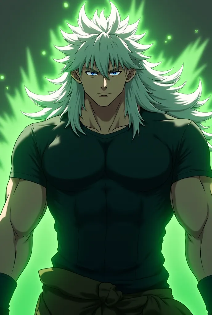 An 18-year-old big man with long fluffy gray hair, 190 tall, full of muscles, preparing for boxing, wearing a tight black shirt, his arms full of fur, with a green aura. (Like UVokin in HxH)4k full body in cafeteria Anime styles berserk