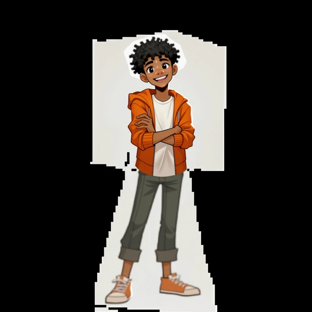 solo, high quality looking at viewer, smile, short hair, open mouth, simple background, shirt, black hair, 1boy, standing, jacket, full body, white shirt, male focus, open clothes, shoes, pants, dark skin, hood, black eyes, hoodie, crossed arms, dark-skinn...