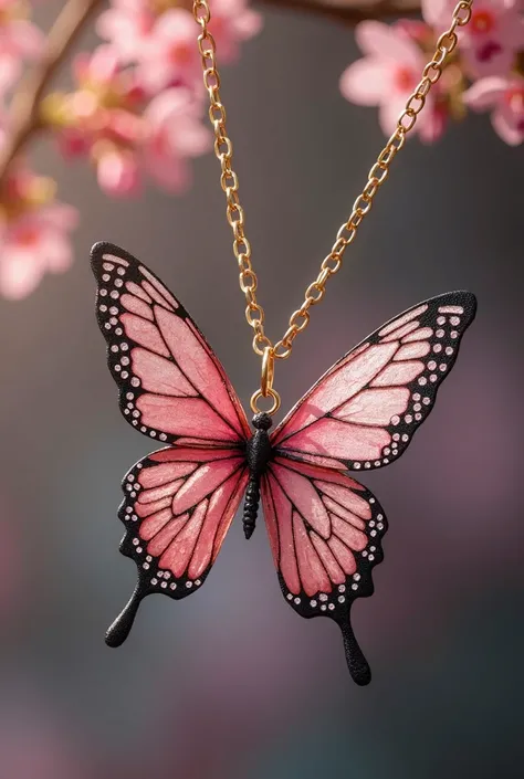 Butterfly necklace, gold chain and make the butterfly pink with black details