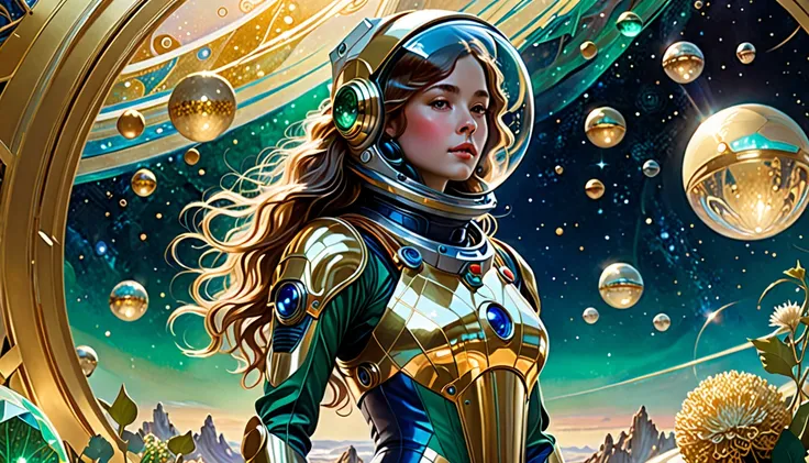 Ethereal Space Goddess in Cinematic Hyperrealism
This captivating image showcases a woman in a space suit, surrounded by floating organic forms and subtle geometric shapes, bathed in a soft, diffused golden light. Blending hyperrealism with painterly softn...