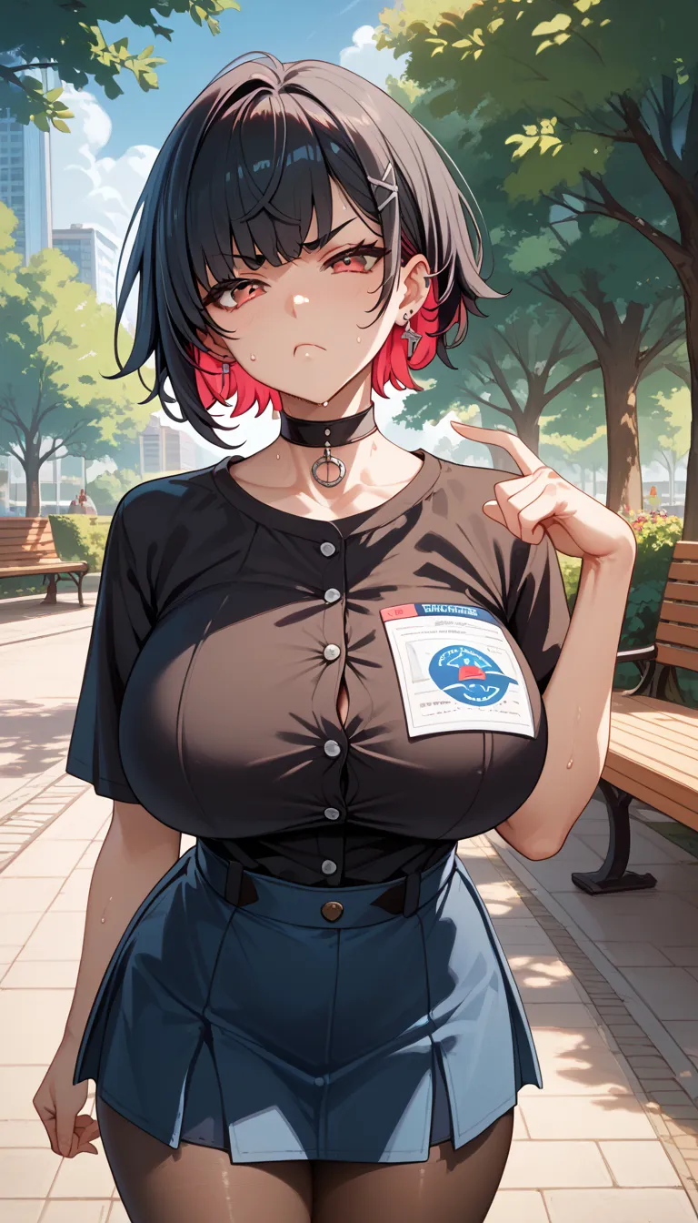 ((Masterpiece, high quality, HD, 8K)), 1girl, ellen, red eyes, black hair, short hair, colored inner hair, hairclip, ear piercing, fins, collarbone, huge breasts, sweat, choker, white button shirt, short blue skirt, pantyhose, Stand, sexy pose, grumpy face...