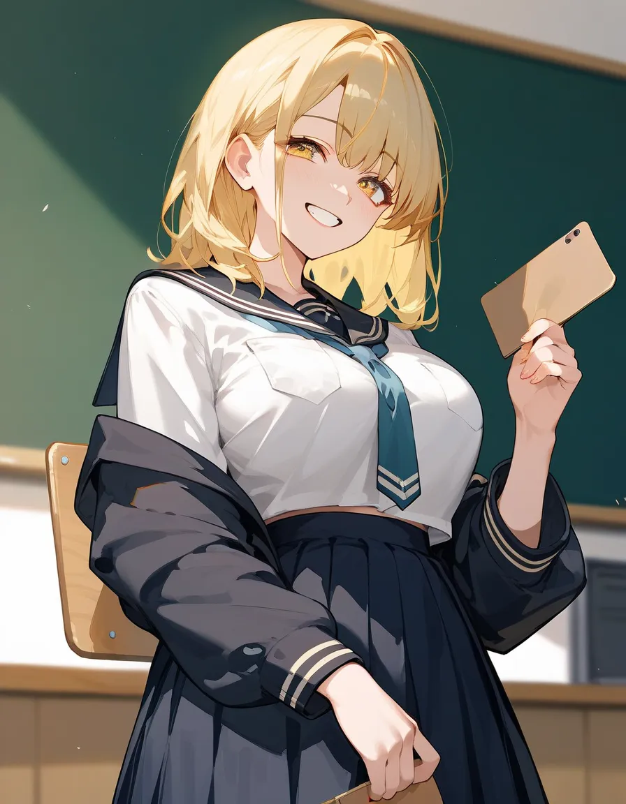 Score_9,Score_8_up,Score_7_up,highest quality, source_anime, highest quality, BREAK 1 girl, cute, 28 years old, (curvy:1.2), (medium hair:1.2), bangs, (light yellow hair:1.3), (light yellow eyes), (large breasts:0.9), high school uniform, stand by teacher'...