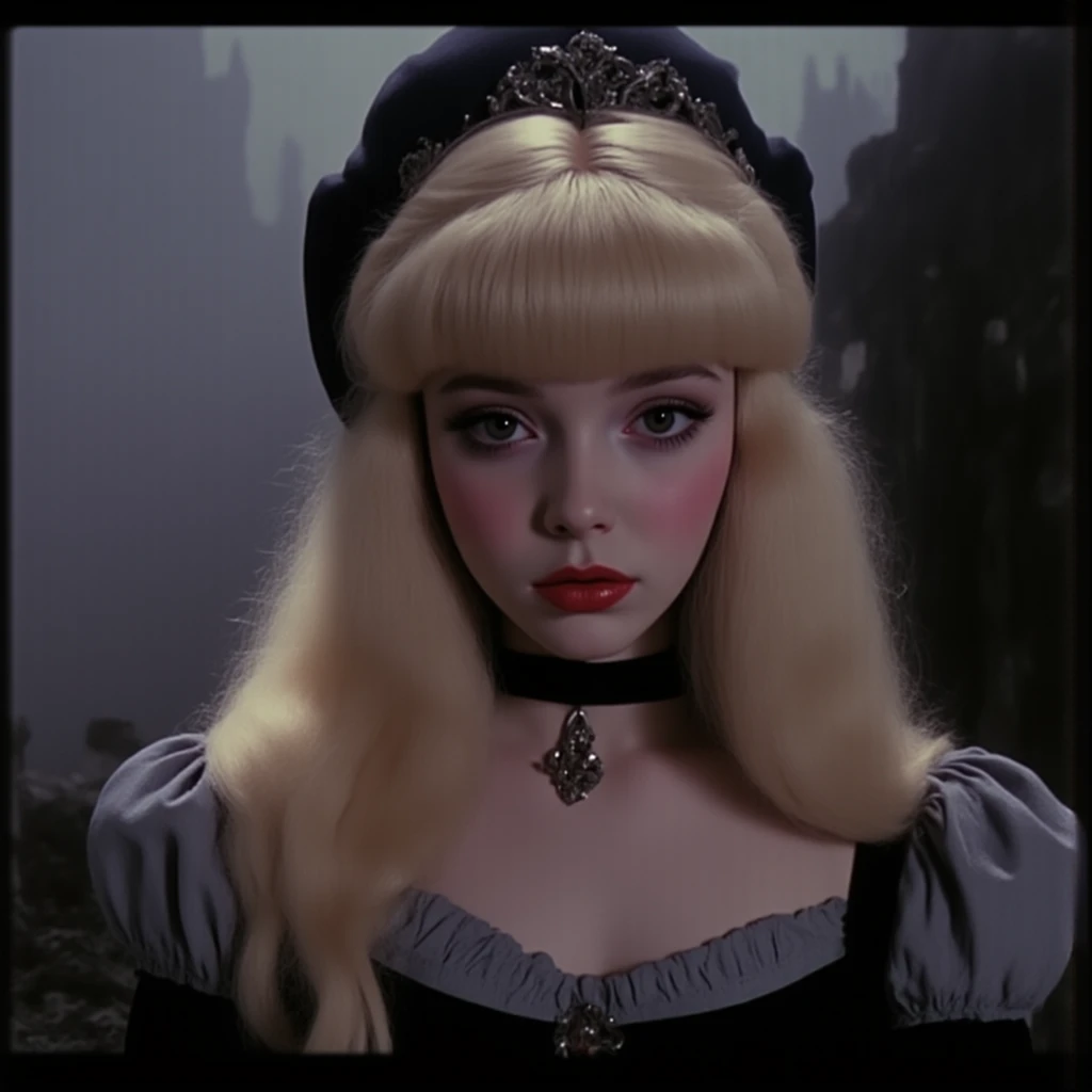 A screenshot from a dark fantasy movie from the eighties, Low resolution. A bad quality screenshot of Cinderella in a dark fantasy movie from the eighties, really