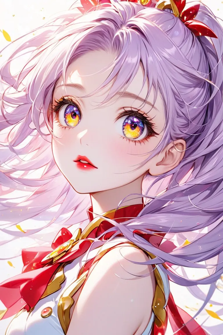   1 girl, alone,   high image quality   ,  Look,   light purple hair with hair tips、Cowboy Shooting  ,  big, bright eyes,   Long eyelashes, with golden eyes ,  red eyeliner、  red lips、long hair, Pretty Cure、Pretty Cure
