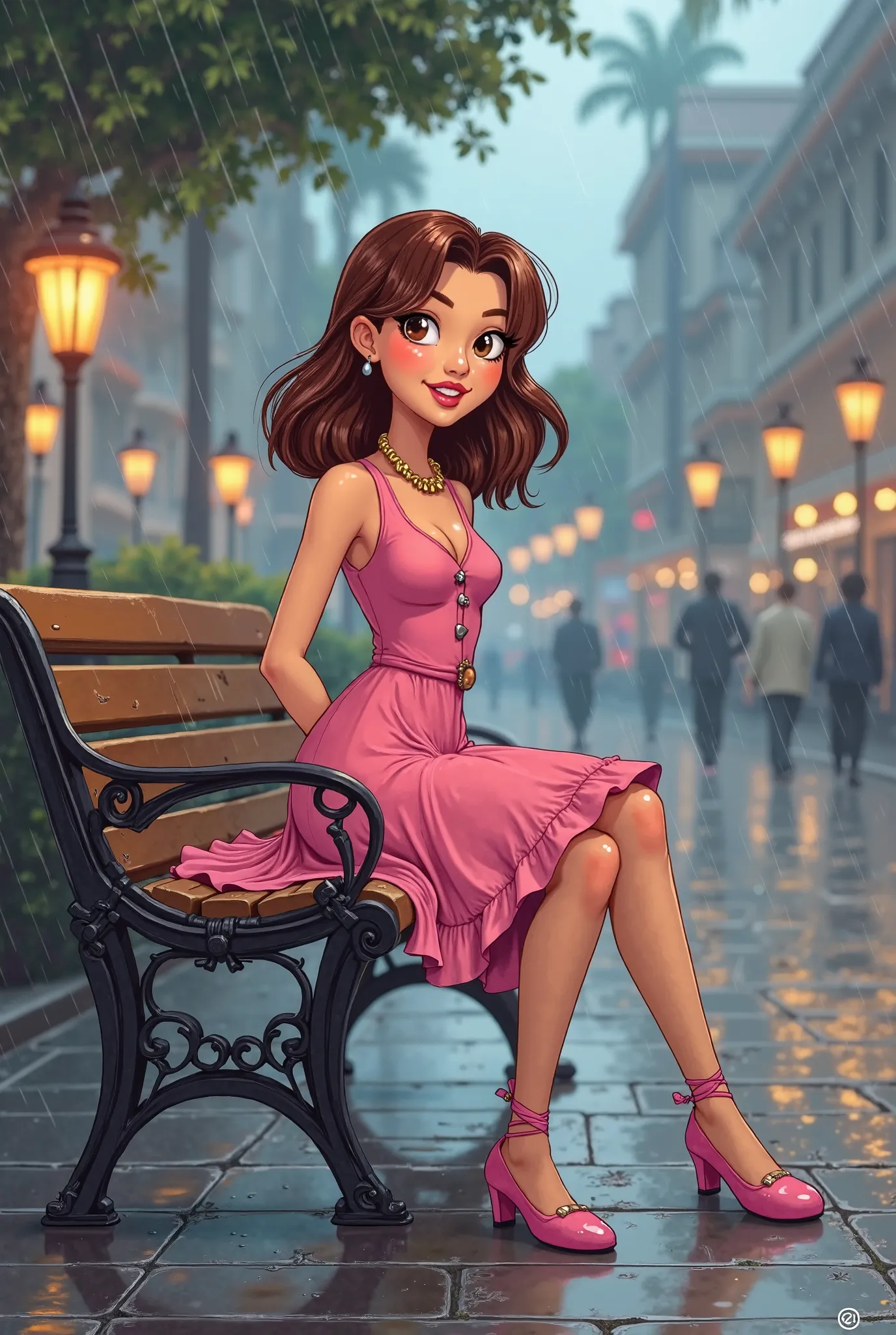 Tip: A very lovely  beautiful Asian American woman being happy alone on a bench in Downtown San Diego in the rain.. The illustration is a high definition illustration with 4k resolution., with highly detailed facial features and cartoon style visuals, pink...