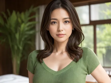 8k, Best Quality, masterpiece, realistic, Photorealistic, very detailed, Natural daylight , medium breasts,  Can See Your Chest , (Light green V-neck knit), 1 person, 35-year-old woman, (look at the camera), (front view), beautiful hair, floating hair, dur...